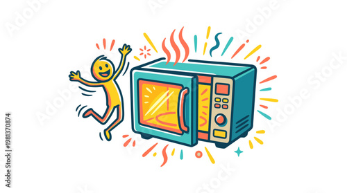 Excited Cartoon Character with a Microwave