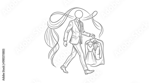 Elegant Man Carrying Clothing in Outline
