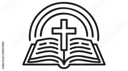 Minimalist line art of open bible with cross symbolizing faith and spirituality