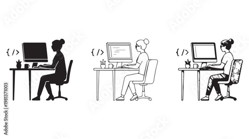 Three stages of remote work productivity with woman using laptop at modern office desk