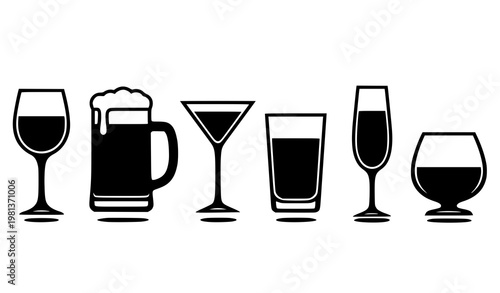Glass silhouettes vector set drinkware beverage icon illustration isolated on white
