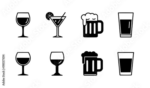 Drink glass icon collection vector silhouette bar and beverage set isolated on white background