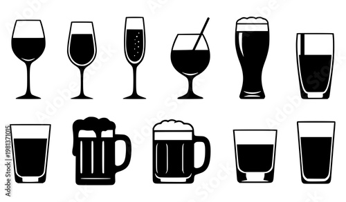 Glass silhouette vector set wine beer cocktail drinkware collection isolated on white