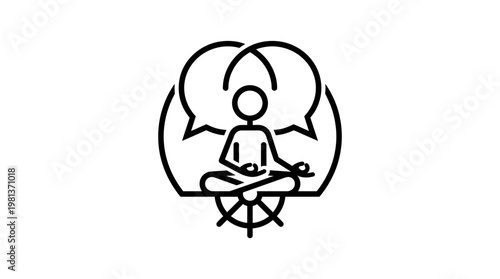 Meditating Figure with Speech Bubbles and Wheel Symbol
