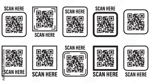 Set of nine black and white QR codes with scan here labels for mobile marketing and digital interaction