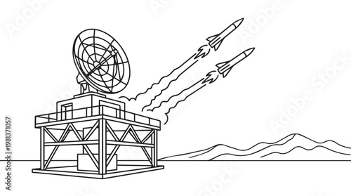 line art radar station launching rockets over ocean waves illustration
