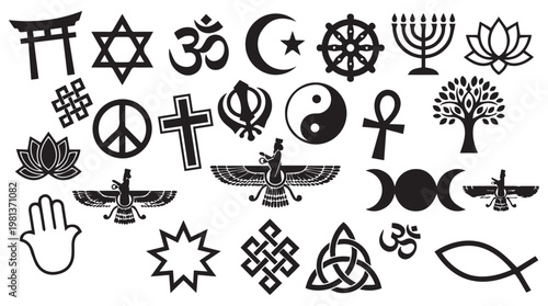 Collection of world religion symbols and spiritual icons in minimalist black and white vector illustration