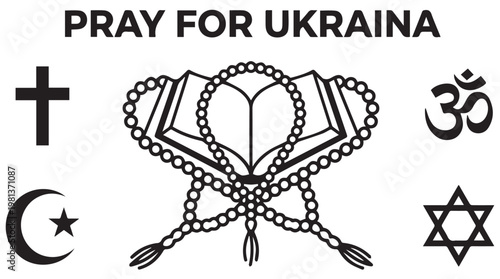 Ukrainian prayer symbol with rosary, book, cross, and Star of David for solidarity and hope illustration