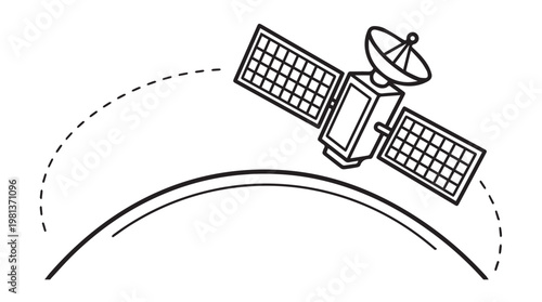 Line art satellite orbiting Earth in space with solar panels and antenna illustration