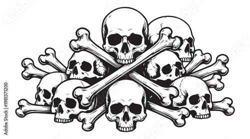 Black and white skulls and crossbones illustration for gothic, pirate, or Halloween themes