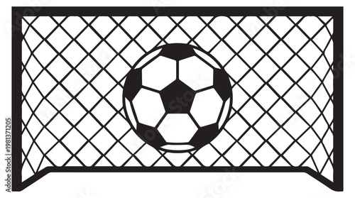 Black and white soccer ball in goal net minimalist graphic design