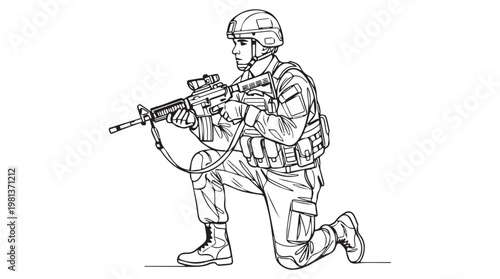 Military soldier in combat gear kneeling with rifle in action pose, black and white sketch illustration