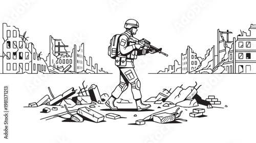 Military soldier in urban disaster zone with destroyed buildings and debris, black and white illustration