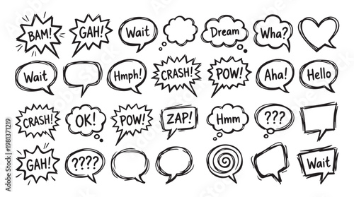 hand drawn black and white speech bubbles with sound effect words for comic or dialogue design