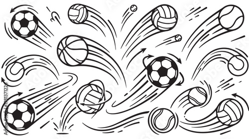 dynamic black and white sketch of various sports balls in motion for athletic concept design