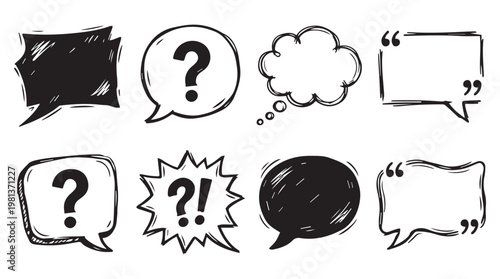 hand drawn speech and thought bubbles with question marks and exclamation symbols on tansparent background