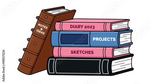 Stacked colorful notebooks and planners for organization, productivity, and project planning on tansparent background