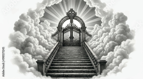 Mysterious black iron gate staircase ascending into stormy clouds with dramatic lighting