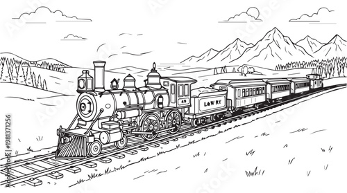 Vintage steam locomotive pulling passenger train through mountainous landscape sketch illustration