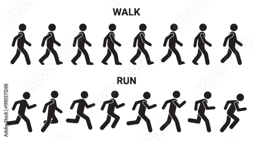 Silhouette stick figures walking and running sequence for fitness and movement education