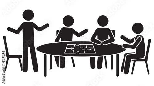 Business team brainstorming session with sticky notes on round table in modern office