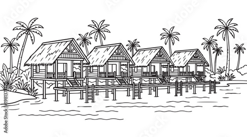 Tropical stilt houses over calm water with palm trees in serene coastal village illustration