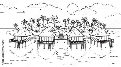 Tropical stilt village illustration with palm trees and coastal huts on tansparent background