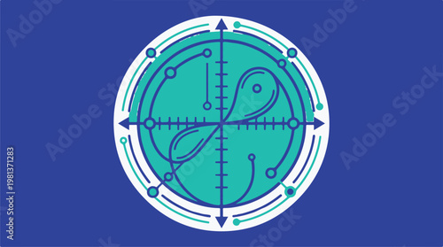 Stylized circular diagram with interconnected nodes and flow arrows on dark blue gradient background