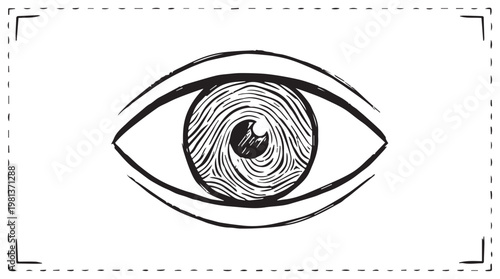 Minimalist line art eye with fingerprint pattern symbolizing identity and security