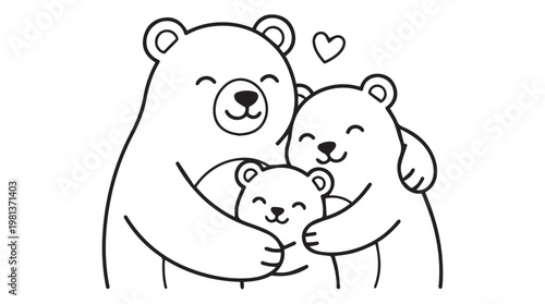 Cute cartoon polar bear family hugging with hearts, affectionate animal parent and baby illustration