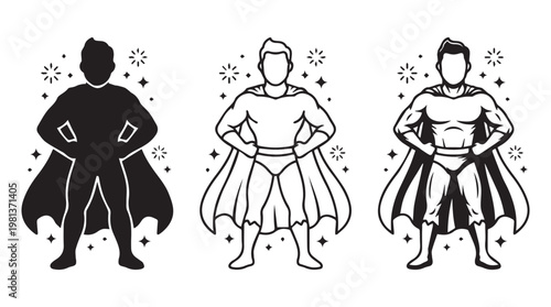 Three cartoon superheroes posing confidently with capes flowing against starry backdrop illustration
