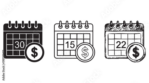 Three minimalist calendar icons with dollar coins showing countdown days for financial deadline concept