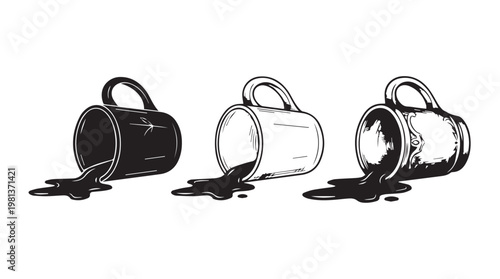 Three ceramic travel mugs with spill proof lids and dripping coffee stains on tansparent background