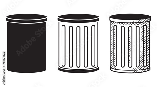 Three minimalist trash cans illustration in black and white line art for eco friendly design