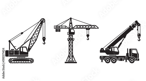 Three construction cranes lifting heavy machinery on industrial site line art illustration
