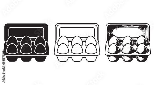 Three empty egg cartons in line illustration for food packaging and grocery retail design