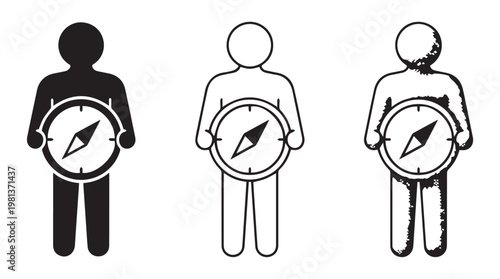 Three diverse professionals holding large clock icons for time management and productivity concept