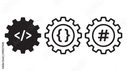 Three minimalist gear icons with arrows and symbols for business and technology concepts