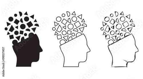 Three minimalist black and white head profiles with geometric thought bubbles illustrating ideas and creativity