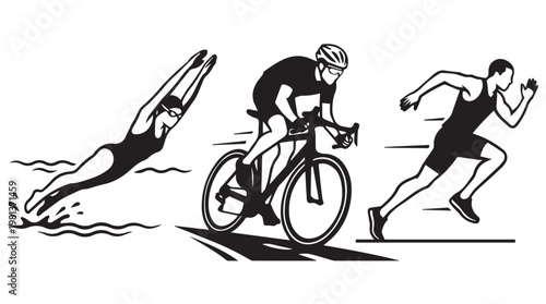 Triathlon athletes in action flat design illustration swimming, cycling, running competition vector concept