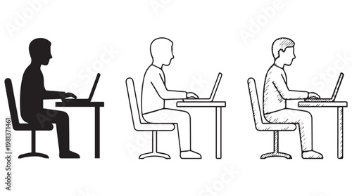 Three professionals working on laptops in modern office setting, flat design illustration