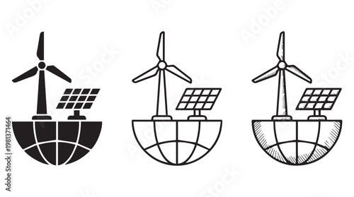 Three minimalist wind turbine and solar panel icons for renewable energy and sustainability concepts