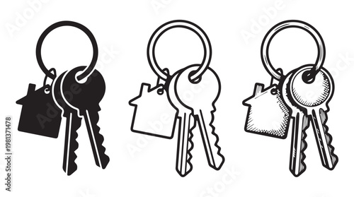 Set of three minimalist key icons with house, car, and document tags on tansparent background