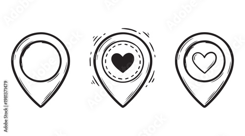 Minimalist black and white map pins with heart symbols for location and love themes