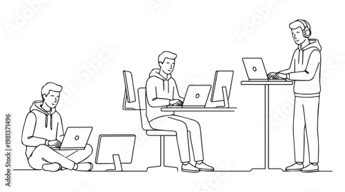 Team of professionals collaborating with laptops in modern office environment