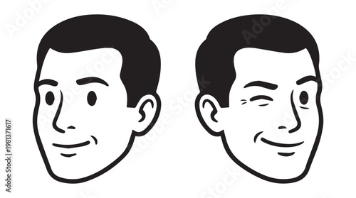 Two minimalist cartoon male faces side by side illustration, flat design vector portrait for business or education