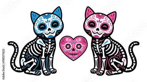 Colorful sugar skull cat couple with heart for Day of the Dead celebration vector illustration