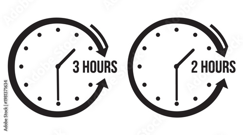 Minimalist analog clocks showing 3 hours and 2 hours time difference in flat design illustration