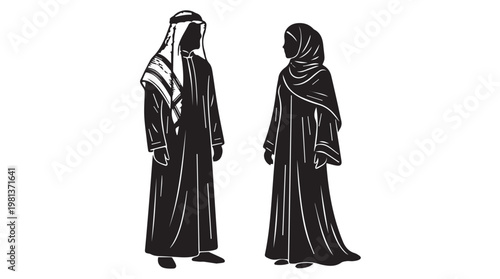 Two women in traditional black and white patterned abayas and hijabs standing side by side, minimalist line art illustration