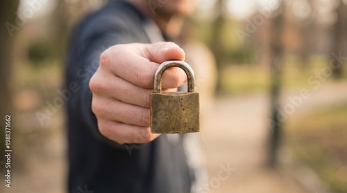 Hand Holding a Brass Padlock Towards Camera for Security Concept